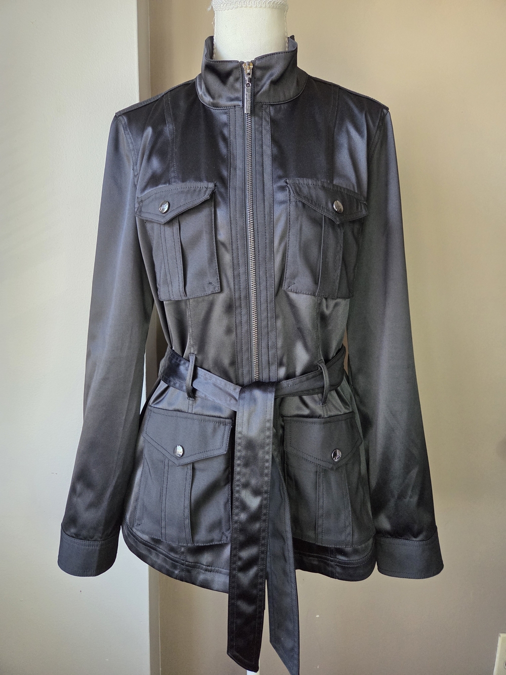 Joseph Ribkoff Black Satin Utility Safari Jacket Belted Size M
